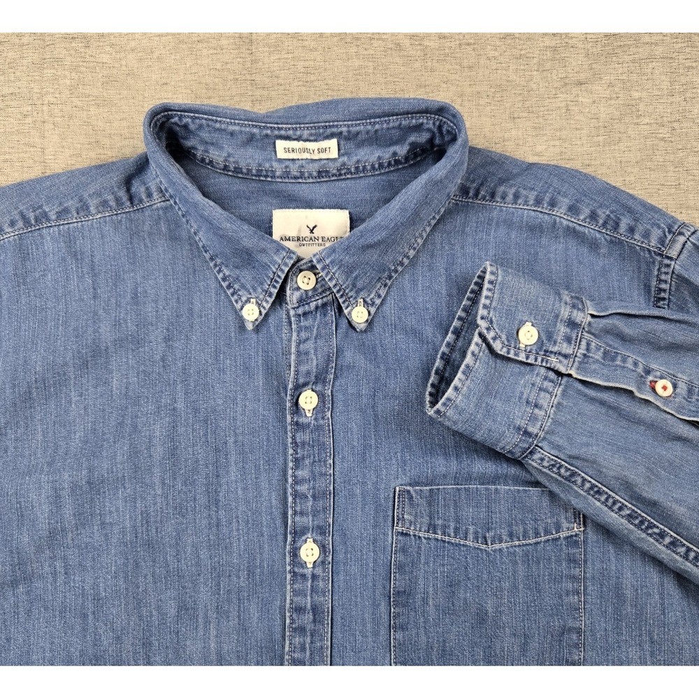 American‎ Eagle Men's Long Sleeve Seriously Soft Chambray Button Down Shirt  XL